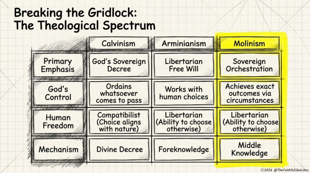 Calvinism, arminianism, molinism