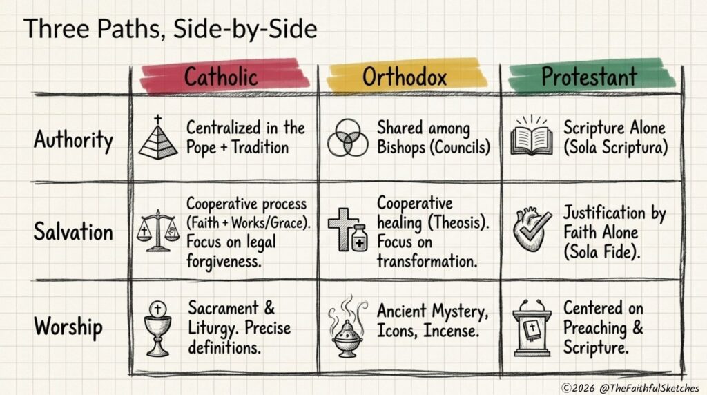 difference between catholic and protestant and orthodox